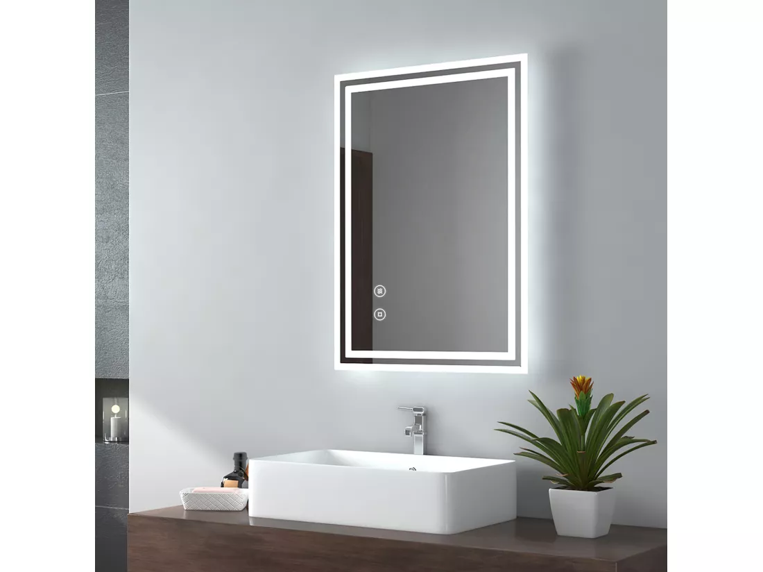 EMKE Miroir lumineux salle de bain 50x60cm, Miroir avec l'éclairage, Interrupteur Tactile, Anti-buée, Miroir LED avec Lumière Blanche Froide