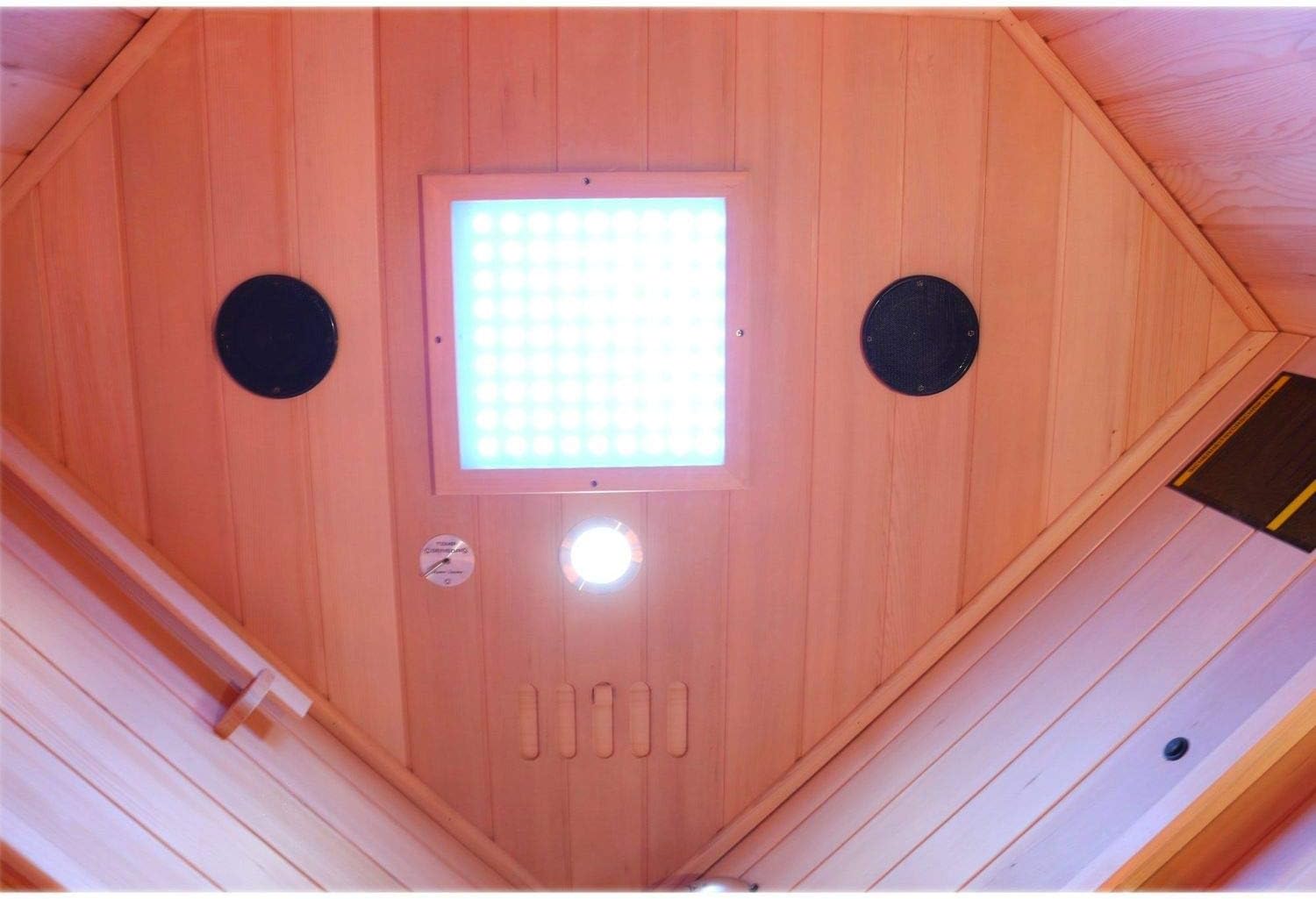 Dewello® Infrarotkabine Infrarotsauna LAKEFIELD 140cm x 140cm für 2-3 Personen aus Hemlock Holz mit Vollspektrumstrahler, LED-Farblicht, Bluetooth, FM,MP3,USB