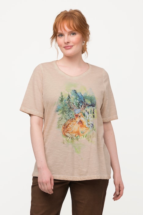 Trachten-T-Shirt, Rehkitz, Classic, V-Ausschnitt, Halbarm