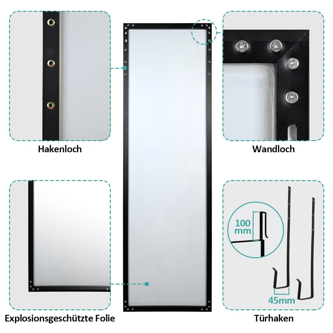EMKE staande spiegel, 120x37cm HD grote spiegel met haken, rechthoekige hoge spiegel voor woonkamer of kleedkamer, zwart