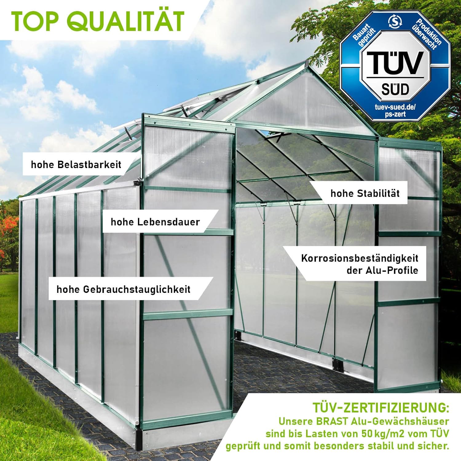 BRAST Gewächshaus Aluminium mit Fundament | 42 Modelle | 130x190x195cm - 490x250x235cm | TÜV geprüft | 6mm Hohlkammerplatten | rostfrei wetterfest temperaturbeständig | 310x250x235cm Grün