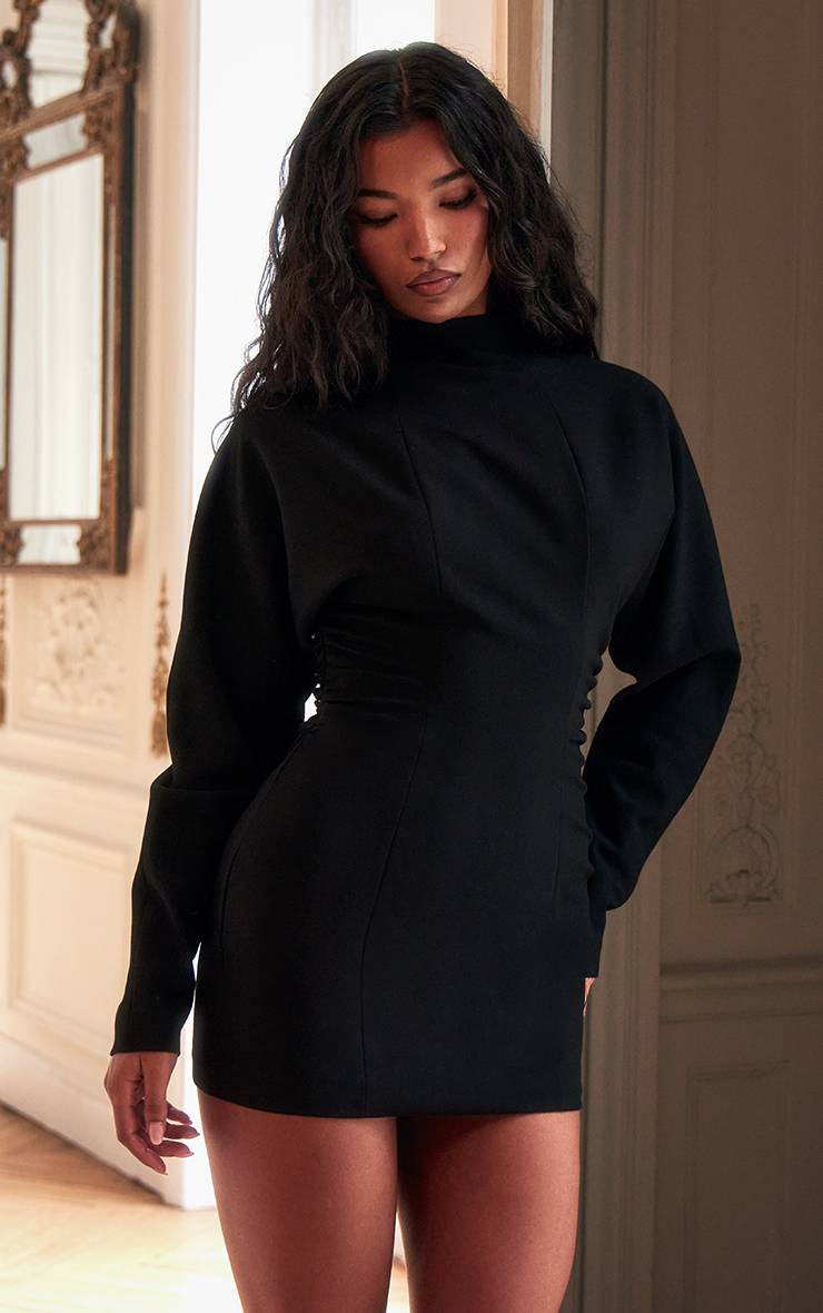 Noir Robe Moulante Plissée À Manches Chauve-souris PLT Label