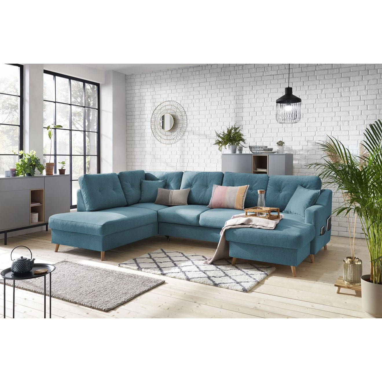 Bobochic Canapé d'angle panoramique convertible droit Sweden bleu clair - 300x149/90/198x95 cm