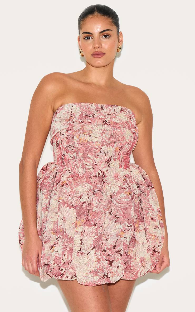 Rose Robe Bandeau À Jupe Bouffante Extrême Motif Tapisserie Florale Grande Taille
