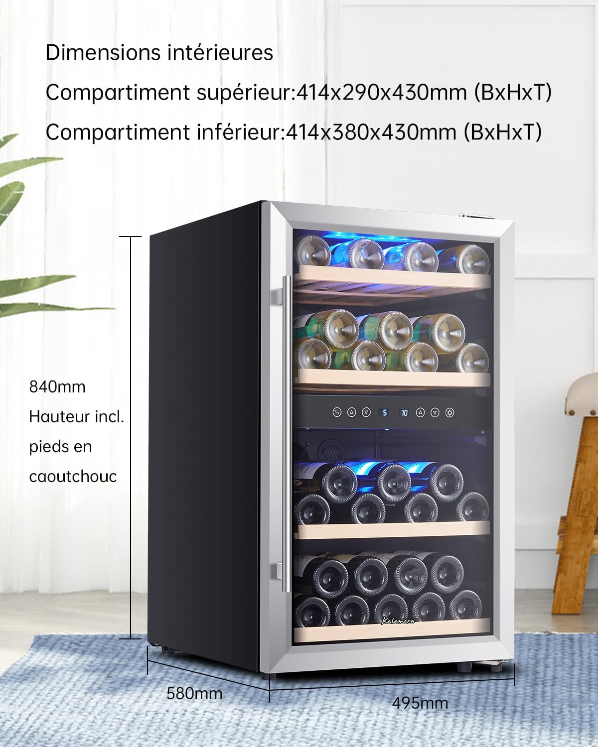 Kalamera Weinkühlschrank 2 zonen, Edelstahloptik, 45 Flaschen (bis zu 310 mm Höhe), 120 Liter, Zwei Kühlzonen 5-10°C/10-18°C, Freistehend, KRC-45BSS