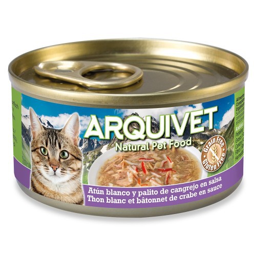 Ração úmida Arquivet para gatos, sabor atum branco e caranguejo.