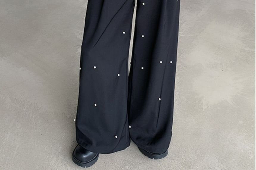 Freehop - Hoge taille, kralen, effen, wijde pijpen broek