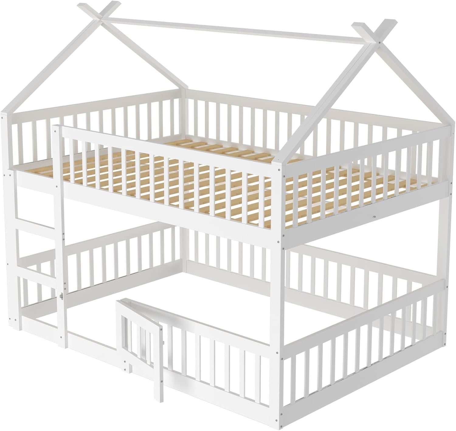 Merax Etagenbett 140 x 200 cm, Multifunktionales Etagenbett Kinderhaus mit Treppen, Vollholzrahmen, Weiß (ohne Matratze)