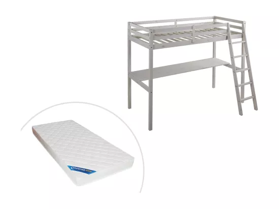 Lit mezzanine GEDEON II - 90 x 190 cm - Avec bureau - Pin massif - Blanchi + matelas