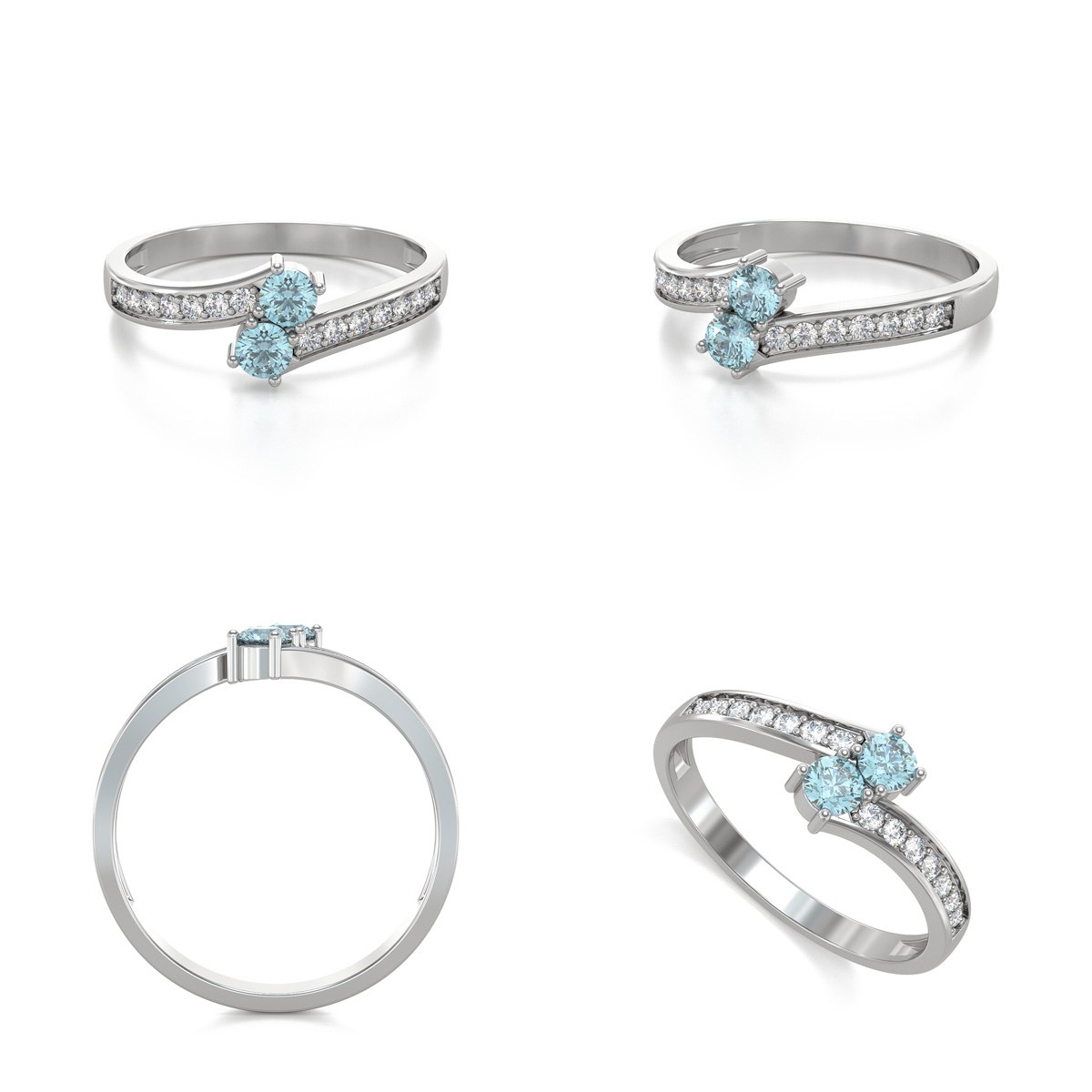 Bague ADEN Duo Aigue-Marine et diamants sur Argent 925 2.15grs