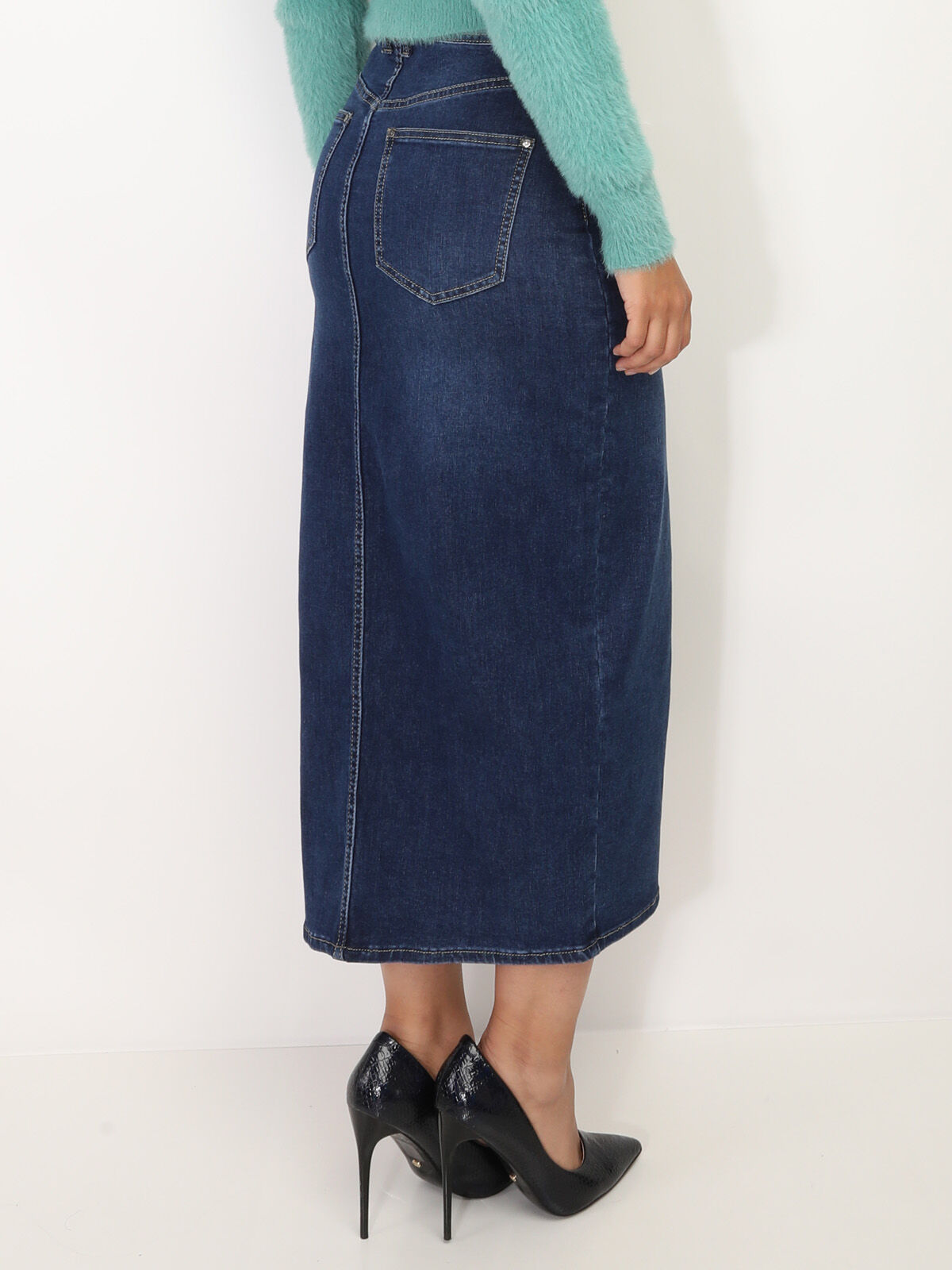 Jupe longue en denim fendue- Bleu foncé