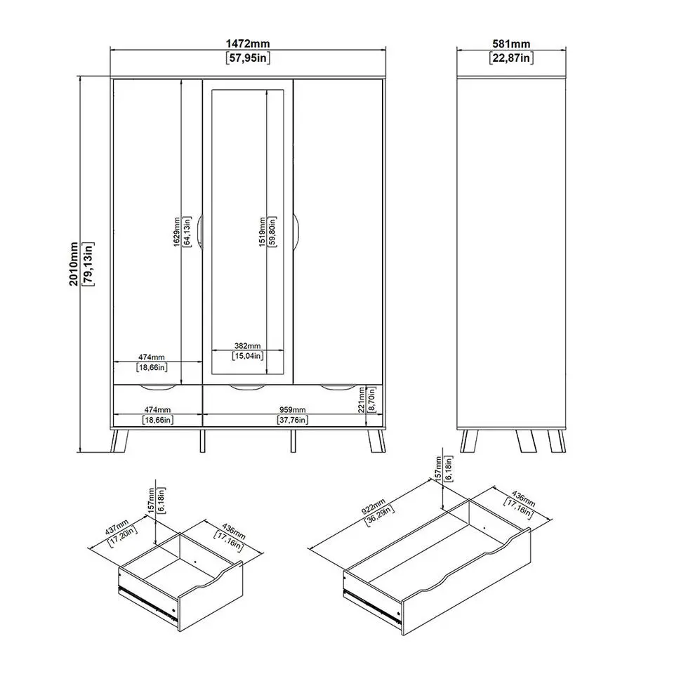 Hioshop Ikast kledingkast 201x148x58cm- 2 deuren- 1 spiegeldeur- 2 lades eiken