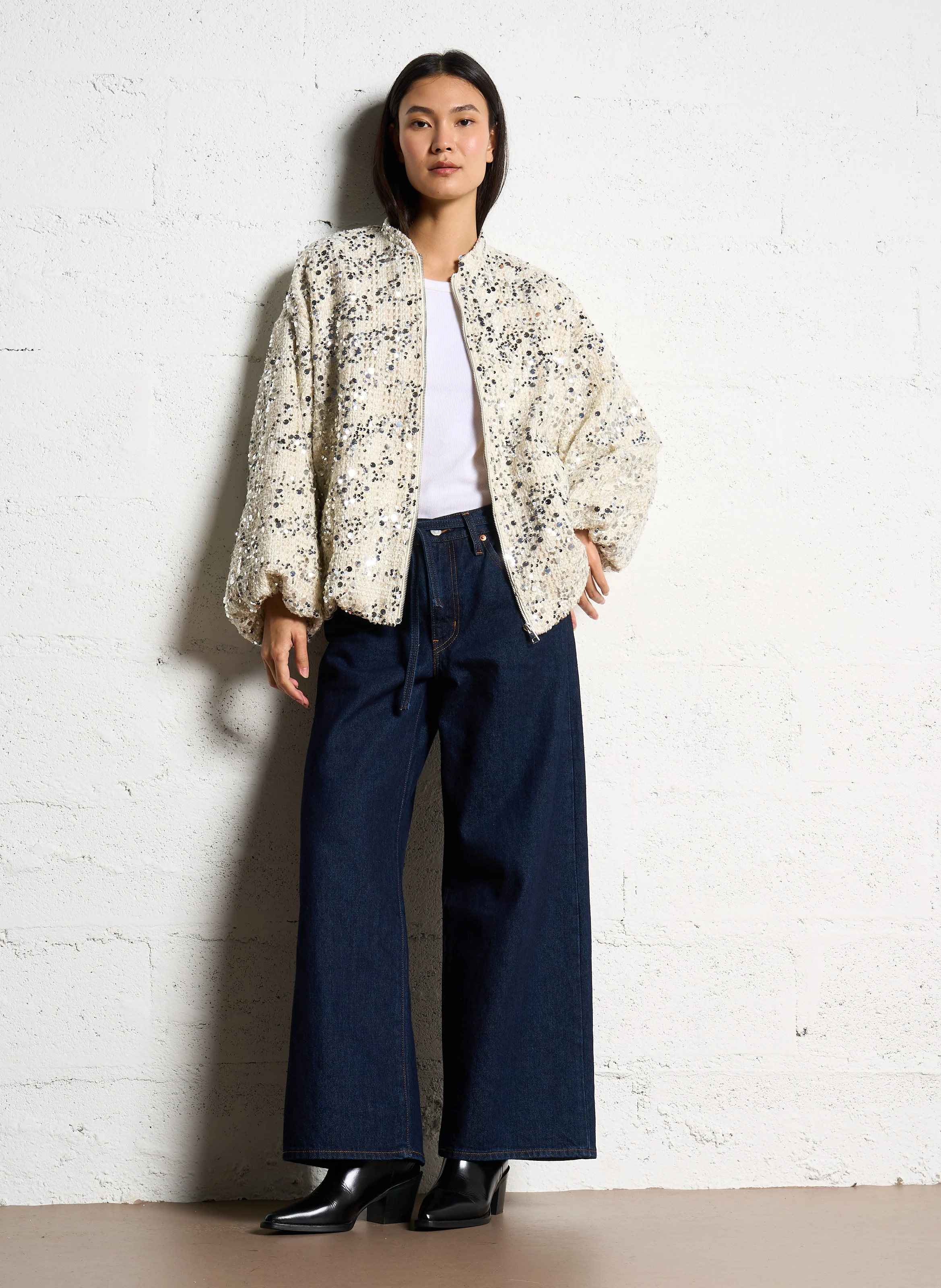 Blouson col montant à sequins | Beige