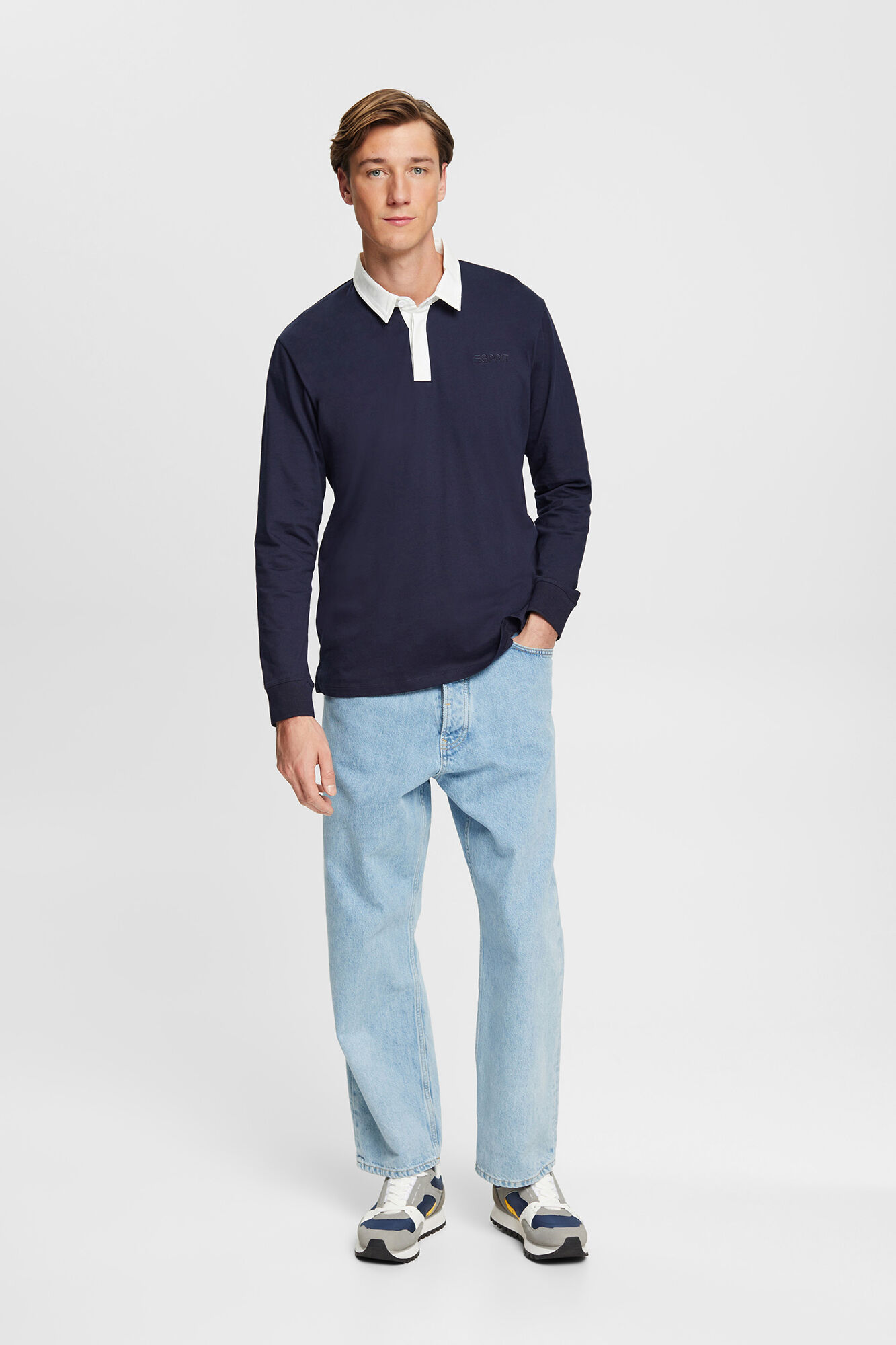 Camisa polo de algodão de manga comprida - Azul marinho