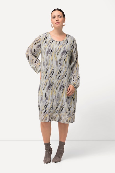 Plissee-Kleid, Marmordruck, Godetfalten, Rundhals, Langarm