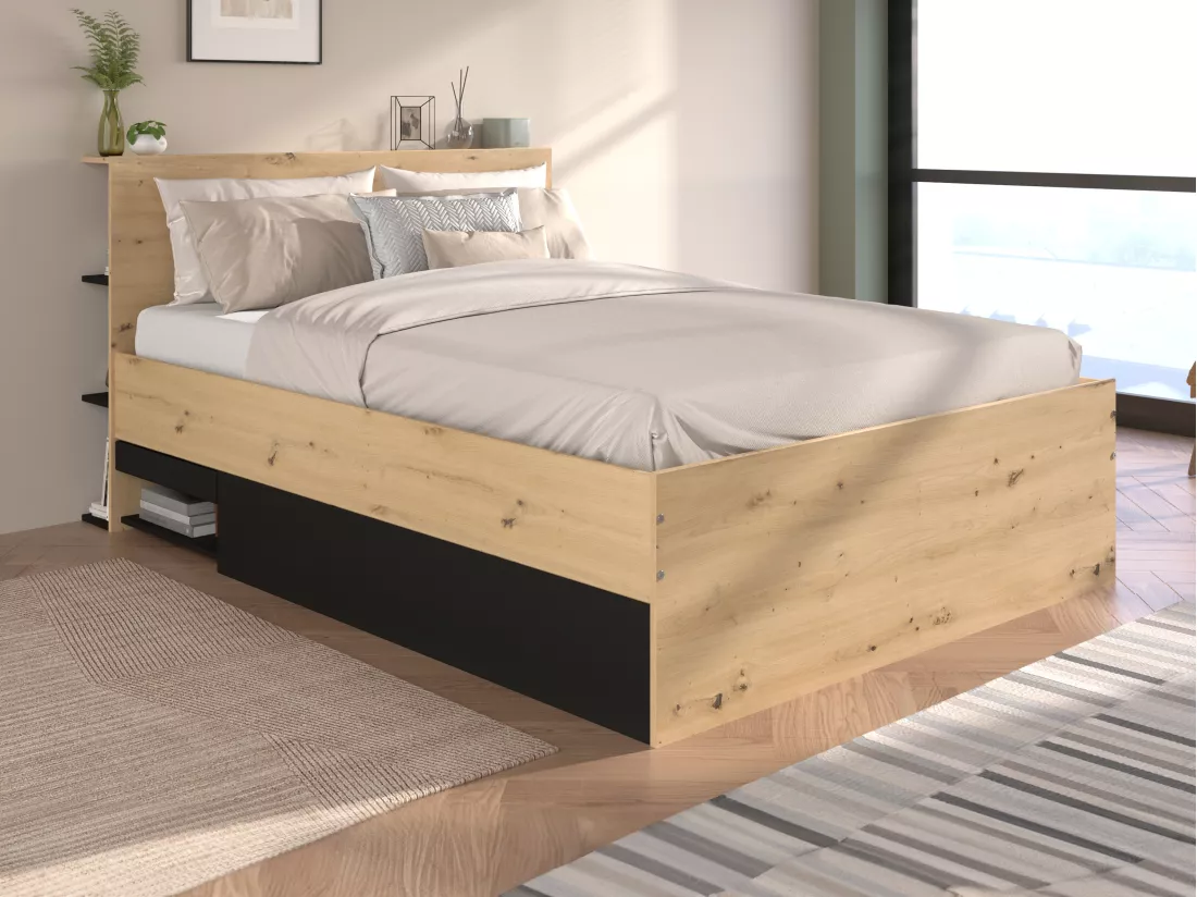 Lit coffre 140 x 190 cm - Coloris : Naturel et noir - RADANI