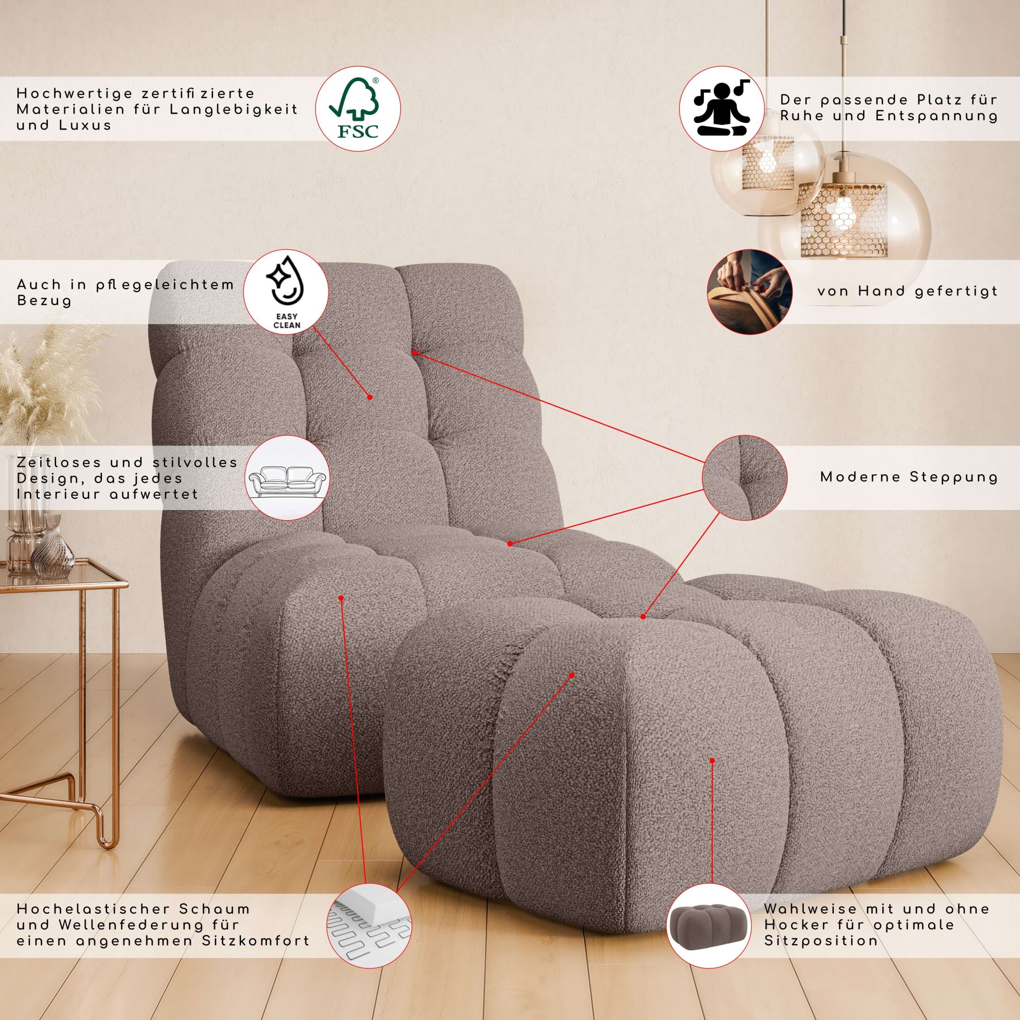 Home affaire XXL-Sessel »AURELIAN Loveseat XXL mit Hocker im Set, Lese-Sessel, Relaxsessel,« mit Wellenunterfederung, Struktur fein, Struktur grob, Velours