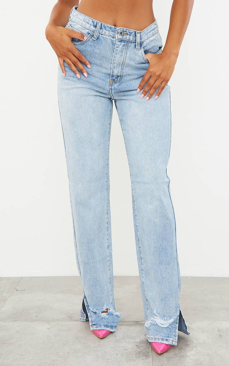 Light Blue Wash Jean Droit Effet Usé À Ourlets Fendus
