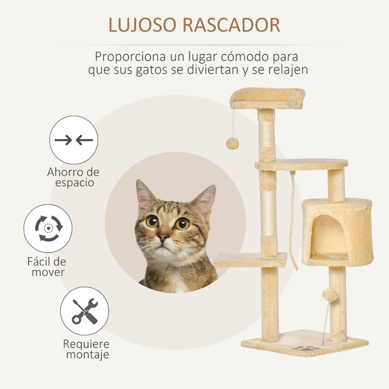 Arranhador Pawhut com plataforma, casinhas para gatos e bolas de brincar, bege para gatos.