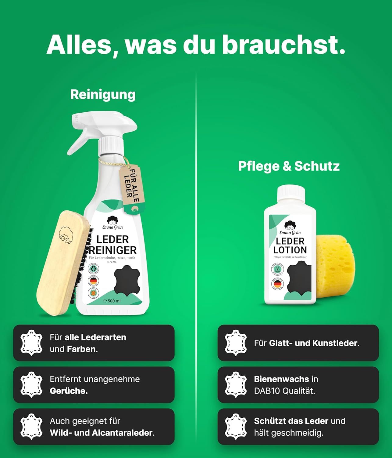 Emma Grün® Leder Komplettset mit Lederreiniger & Lotion inkl. wiederverwendbarem Schwamm & Bürste