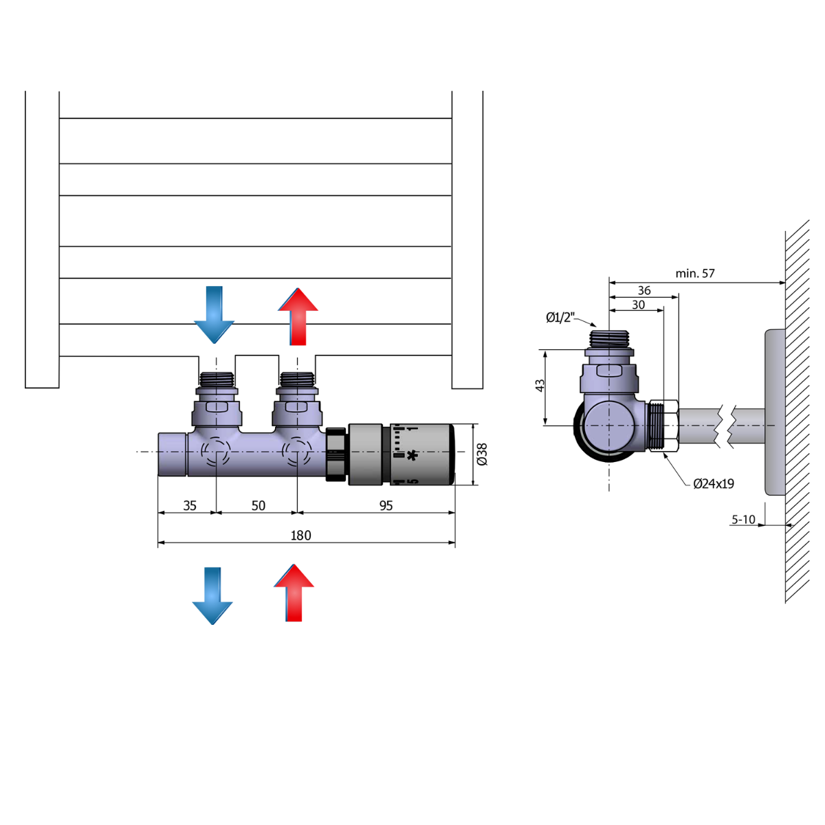 Sapho Twin radiator m/o aansluitset rechts roestvrij staal