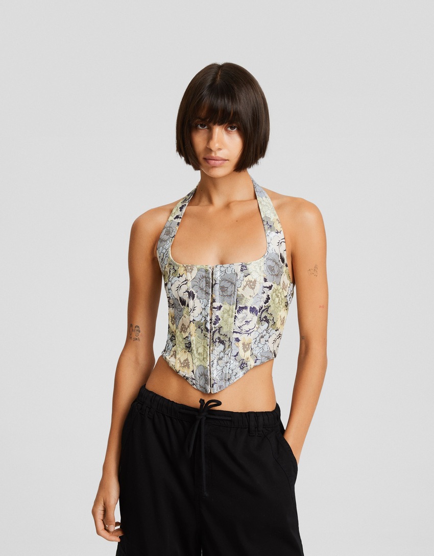 Blusa aberta nas costas com amarração em jacquard