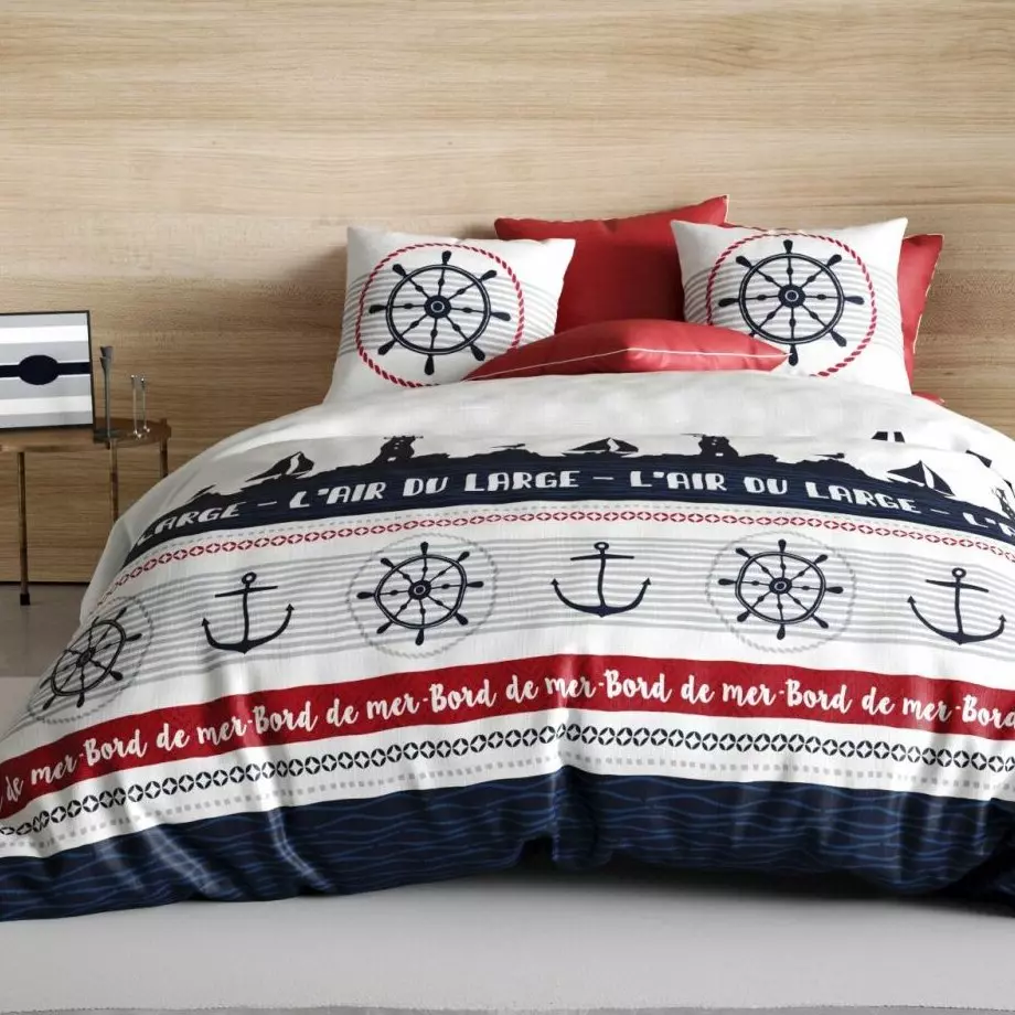 Housse de couette et deux taies coton (240 x 220 cm) Babord Bleue