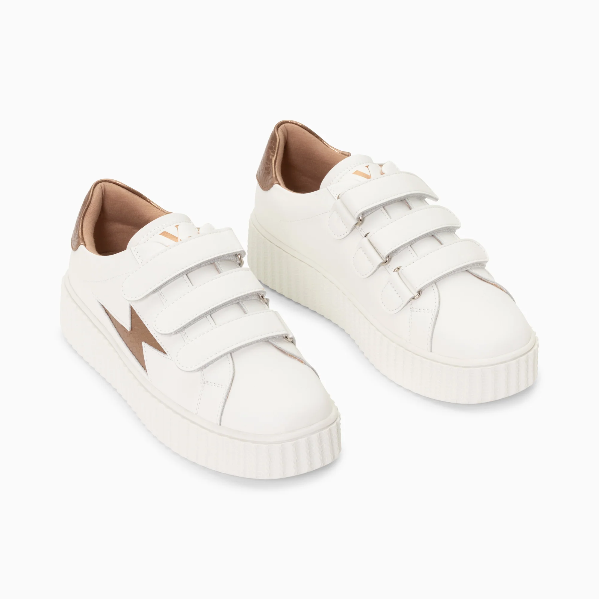 Sneakers-Baskets éclair Eva blanc et bronze serpent à scratchs