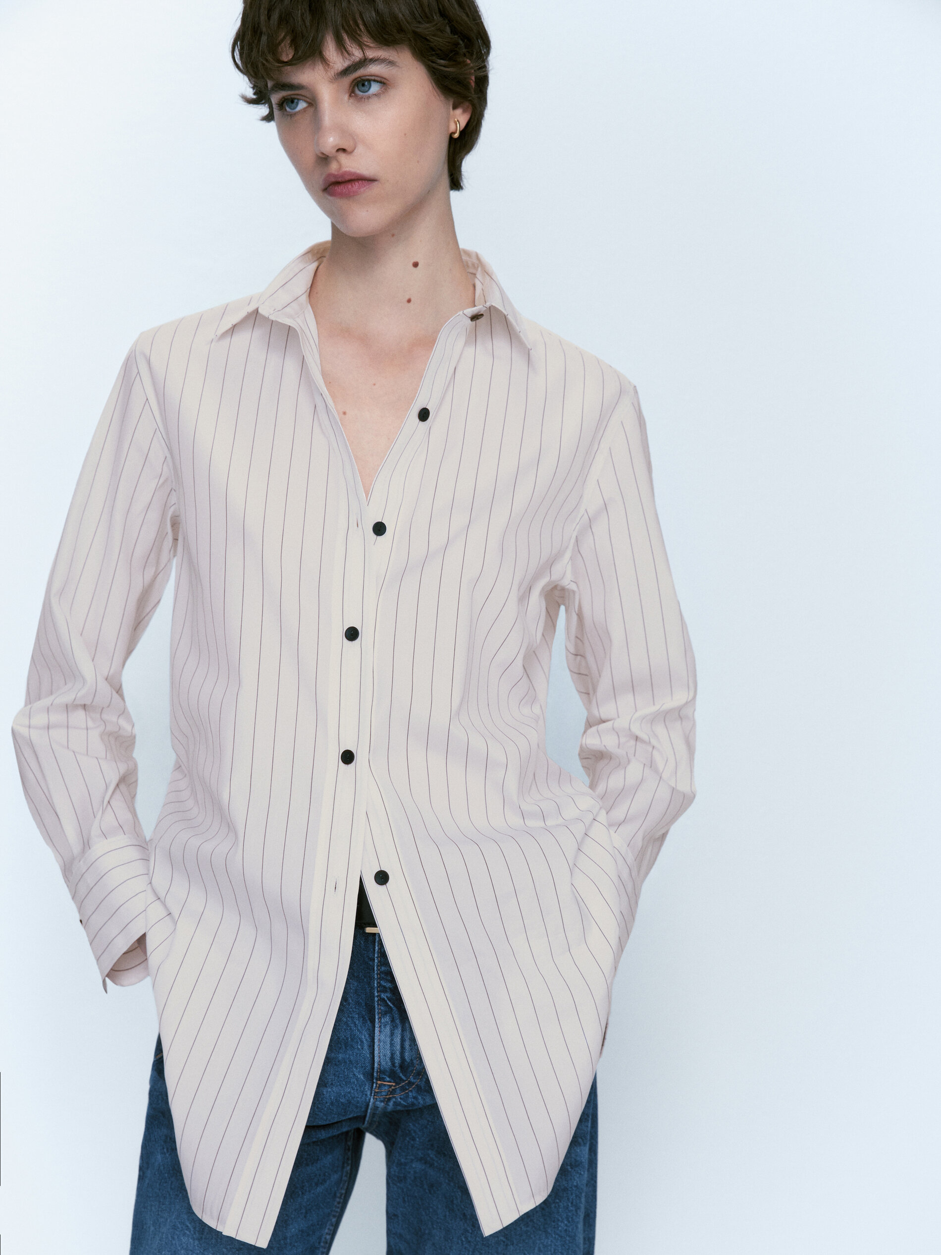 Camisa listrada de algodão popeline - BRANCA