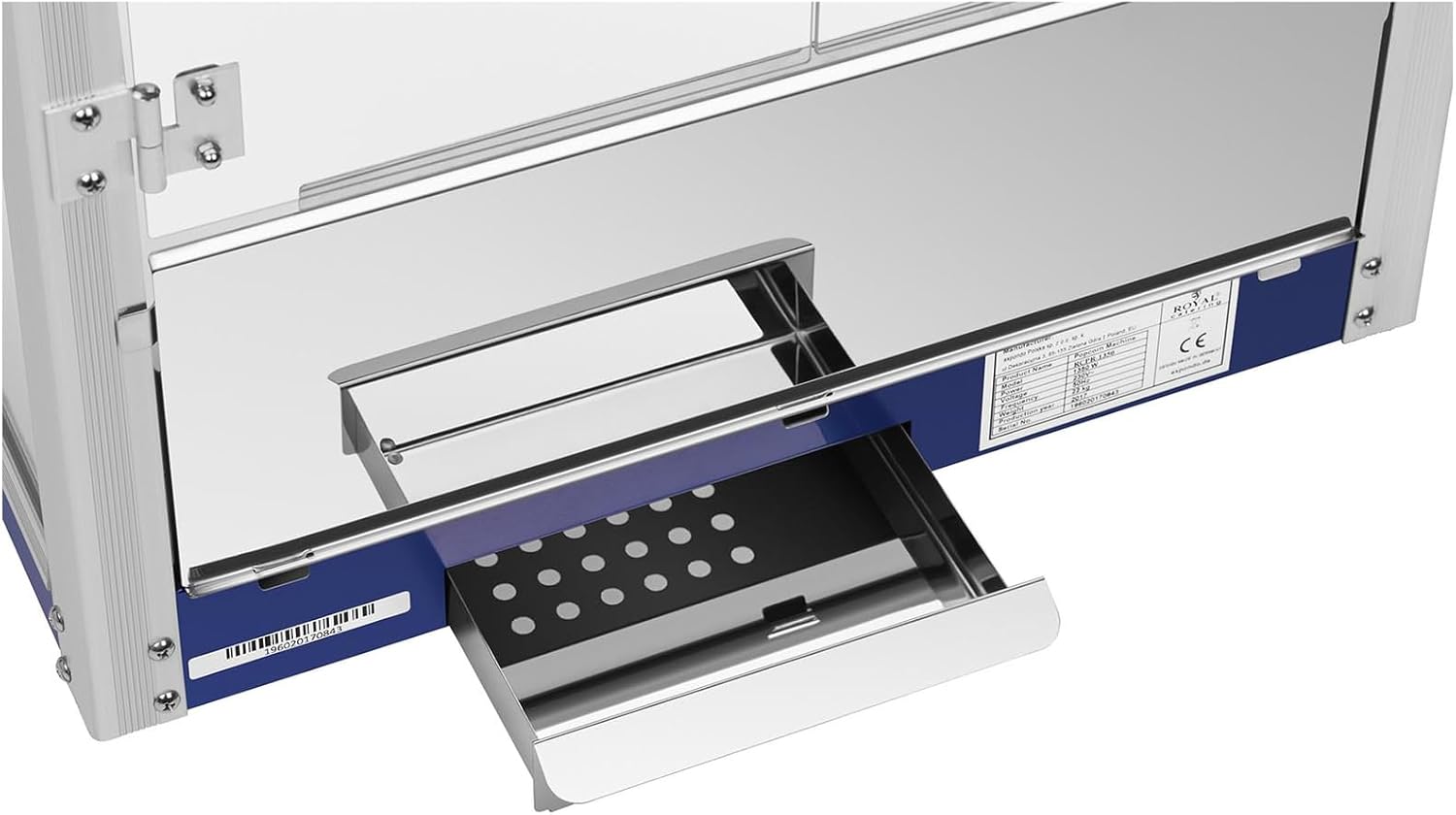 Royal Catering Popcornmaschine Retro-Design in Blau 1500 W 5 kg/h beleuchteter Innenraum entnehmbarer Topf mit Antihaftbeschichtung perforierter Boden Krümelschublade