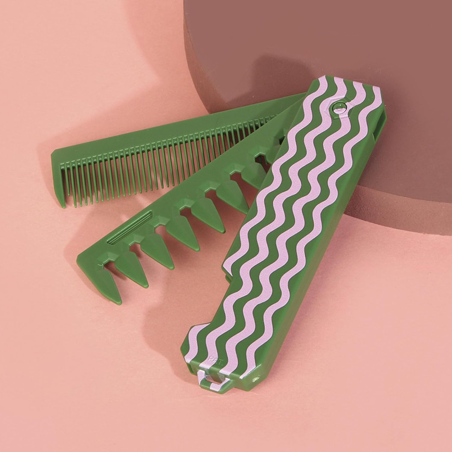 2in1 Faltbarer Haar Kamm Reise Kosmetik Klapp Kamm mit Breitzahn   Feinzahn Entwirrungskamm - Grün / Rosa