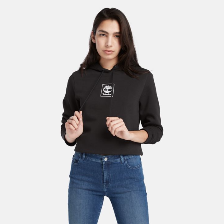 Moletom com capuz Small Stack Logo para mulheres na cor preta.