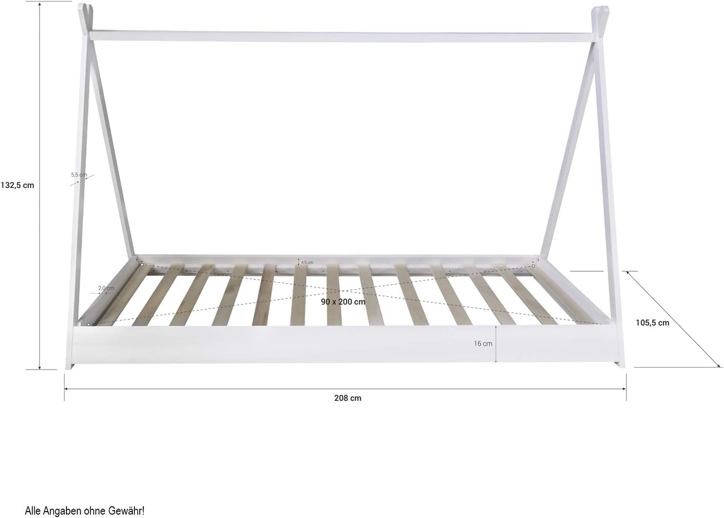 Homestyle4u, Bodenbett Hausbett Kinderbett 90x200 Weiß Grau mit Sterne Montessori Bett mit Lattenrost für Kinder Tipibett Holz massiv