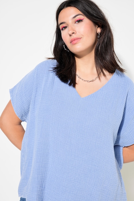 Blusenshirt, oversized, Musselin, V-Ausschnitt