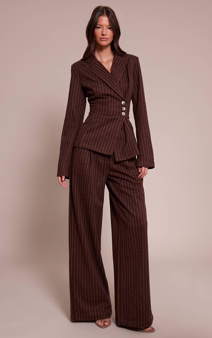 Chocolat Pantalon Droit Plissé À Fines Rayures