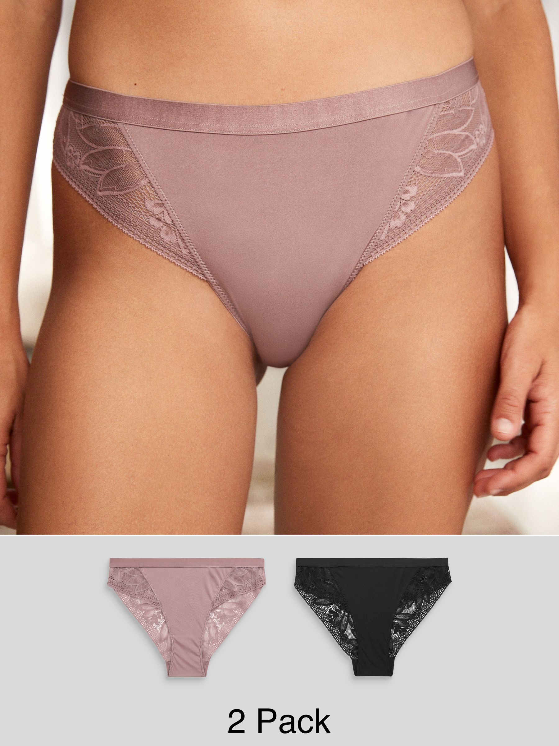Zwart/mauve - Verpakking van 2 slipjes van microvezel en kant