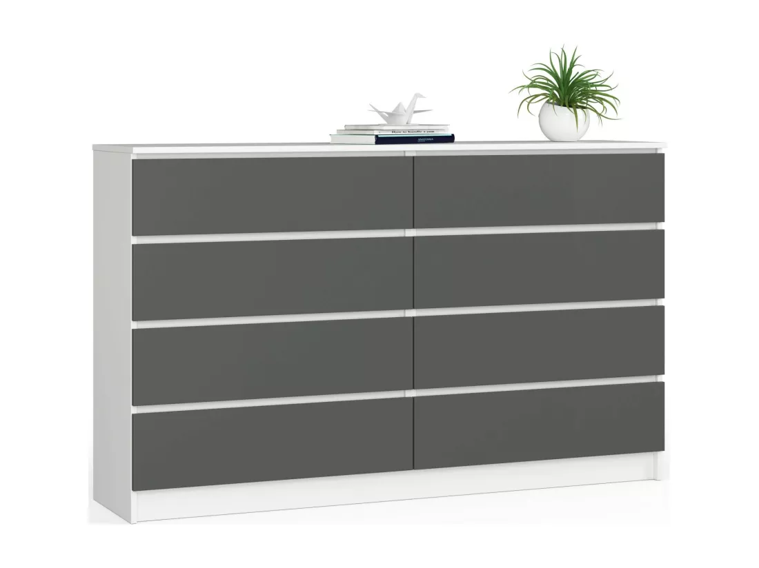Grande Commode pour le salon AKORD K160 Blanche 160 cm 8 tiroirs façade Gris Graphite 160x40x99 cm