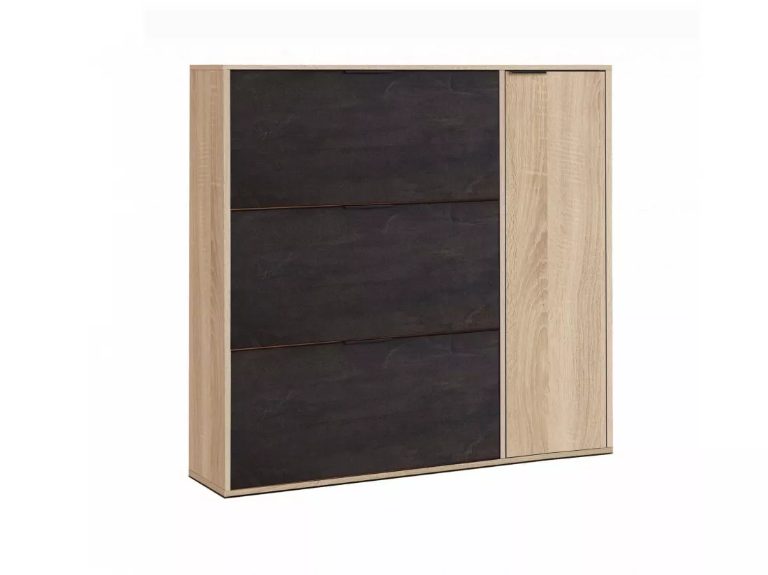Étagère à chaussures Dmagnino, armoire à chaussures 4 portes, armoire basse polyvalente avec 5 étagères, étagère à chaussures moderne, 106x22h115 cm, chêne et noir