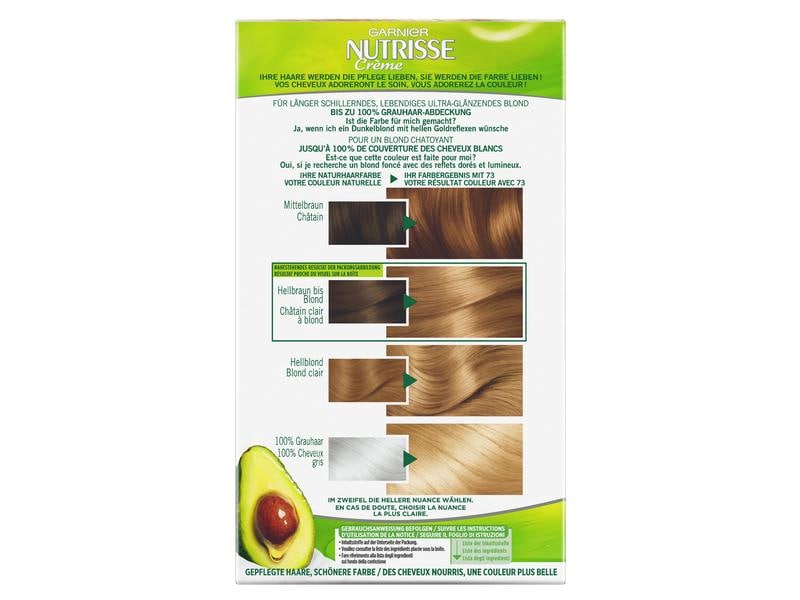 Garnier Haarcoloration Nutrisse Crème 73 Goldblond Haarfarbe verleiht dem Haar seidig strahlenden Glanz