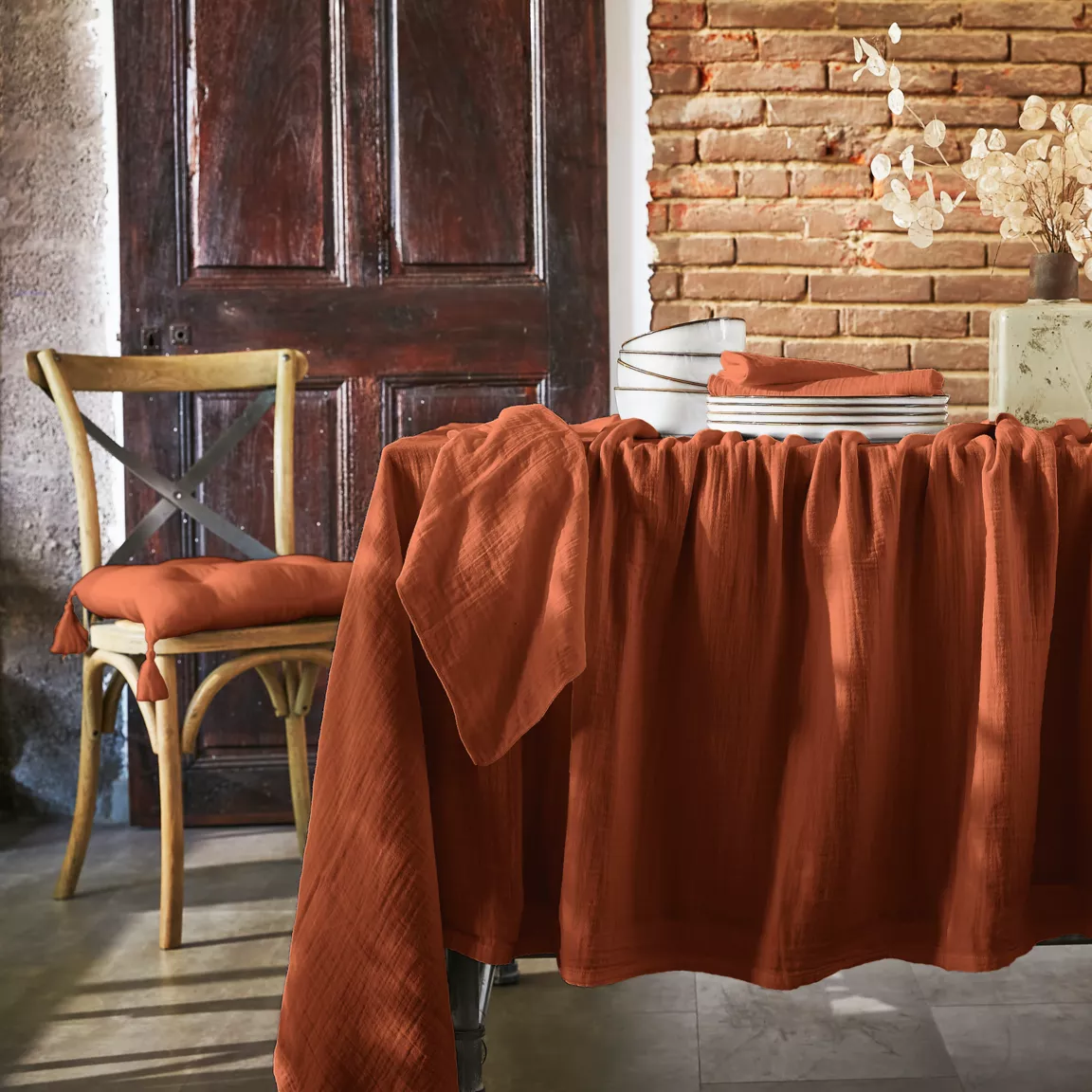 Nappe rectangulaire gaze de coton (150 x 350 cm) Gaïa Terracotta