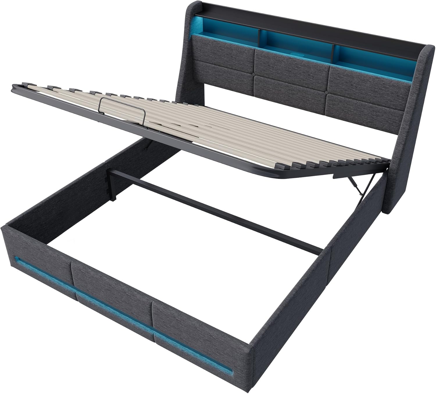 Polsterbett 140x200 cm mit LED-Kopfteil, Doppelbett mit USB und Lattenrost, Hydraulischem Stauraum und Metallrahmen, Jugendbett, Leinenstoff Grau (Ohne Matratze)