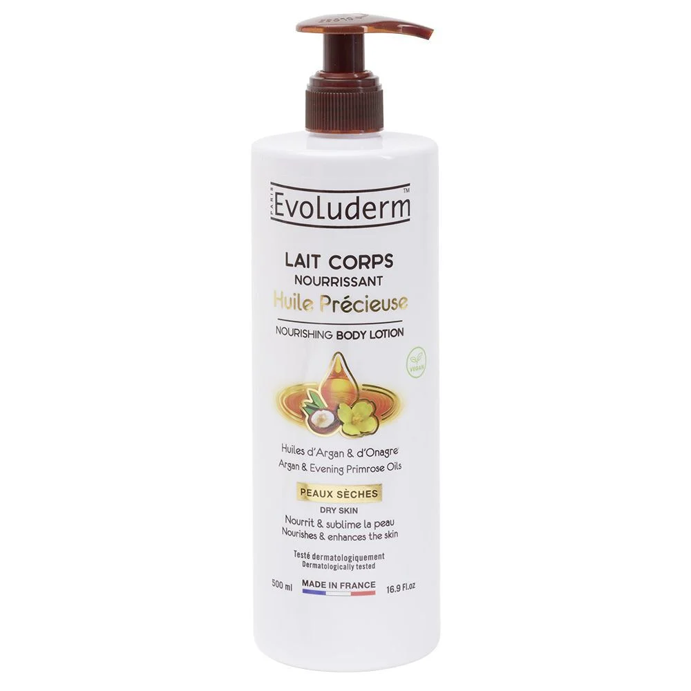 Lait corps Evoluderm huile précieuse Argan et Onagre peau sèche 500ml