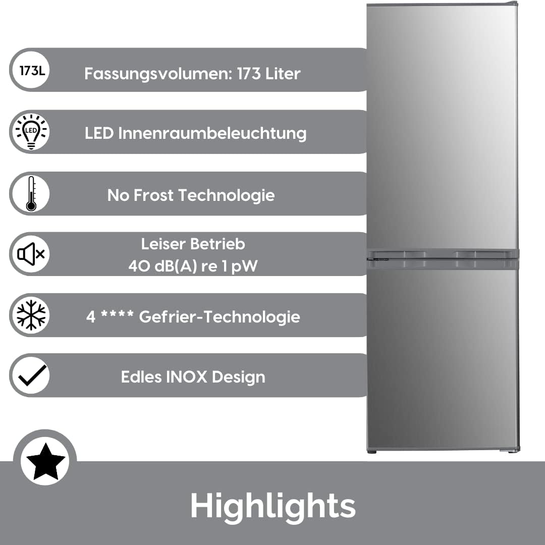 PKM Kühl-Gefrierkombination KG220EIX | 121L Kühlteil+52L Gefrierteil | 4****Gefrierfach | Leiser Betrieb 40dB | Sparsame LED-Innenbeleuchtung | Energieverbrauch 194kWh/Jahr |INOX Design