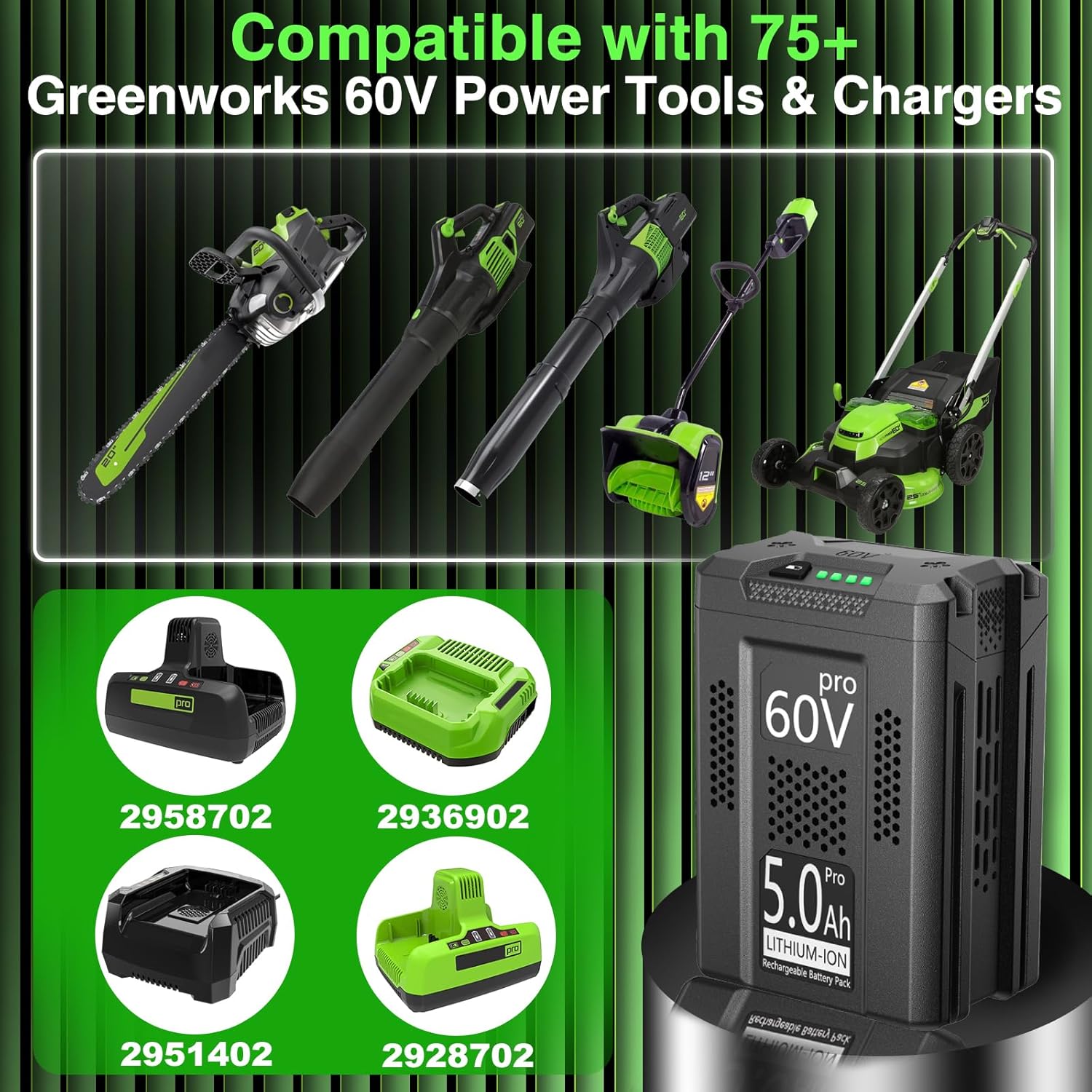 60V 5,0Ah Li-Ion Ersatzakku für Greenworks 60V Akku LB60A02 LB60A03 LB602 LB6025