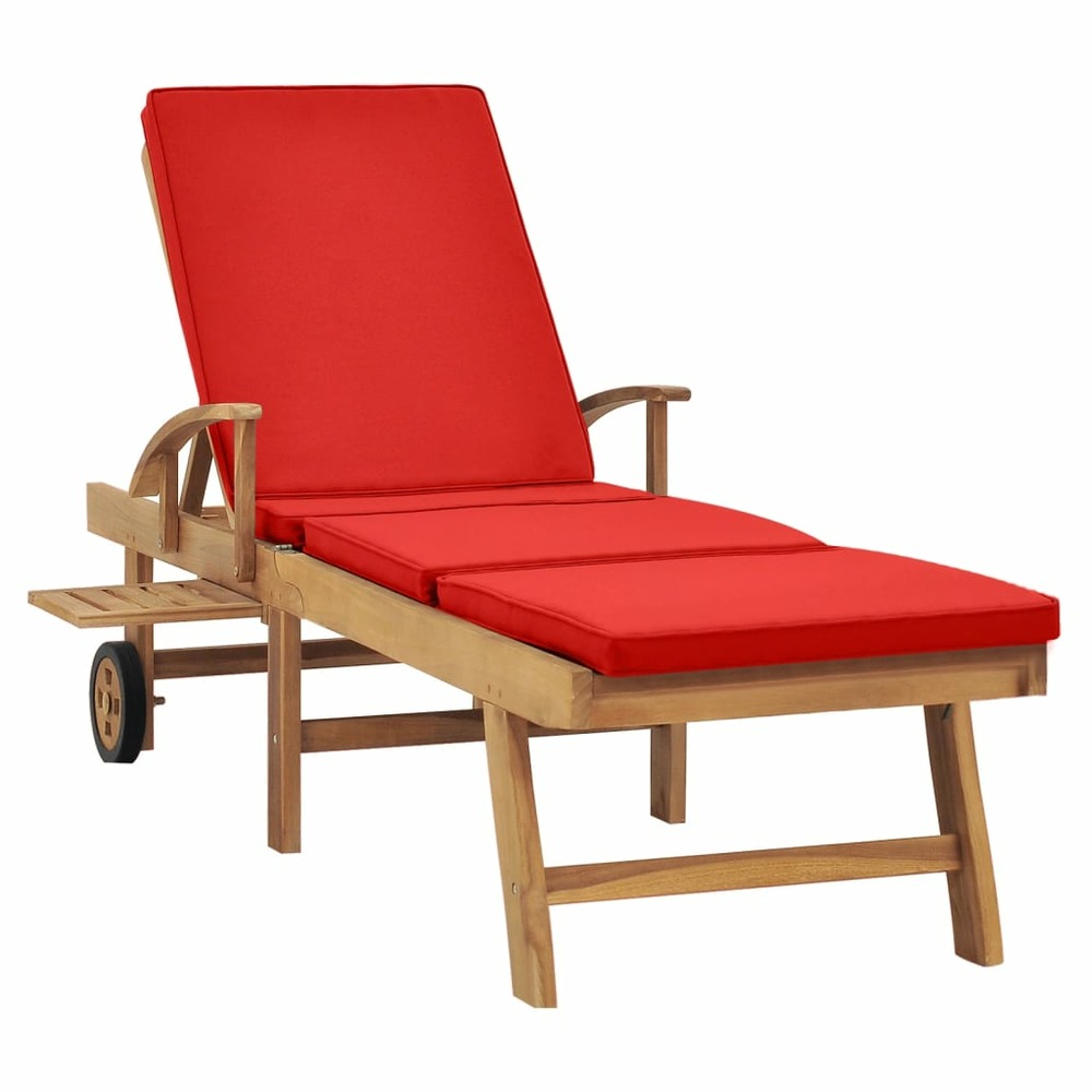 Transat chaise longue bain de soleil lit de jardin terrasse meuble d'extérieur avec coussin bois de teck solide rouge 02_0012