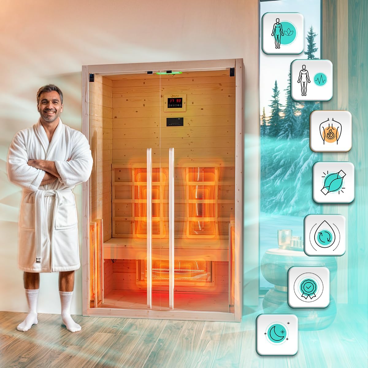 GLOBAL RELAX® | DHARANI Saunapalette I Innen- und Außensauna I Infrarot-Wärmesystem, Dampfgarer oder beides
