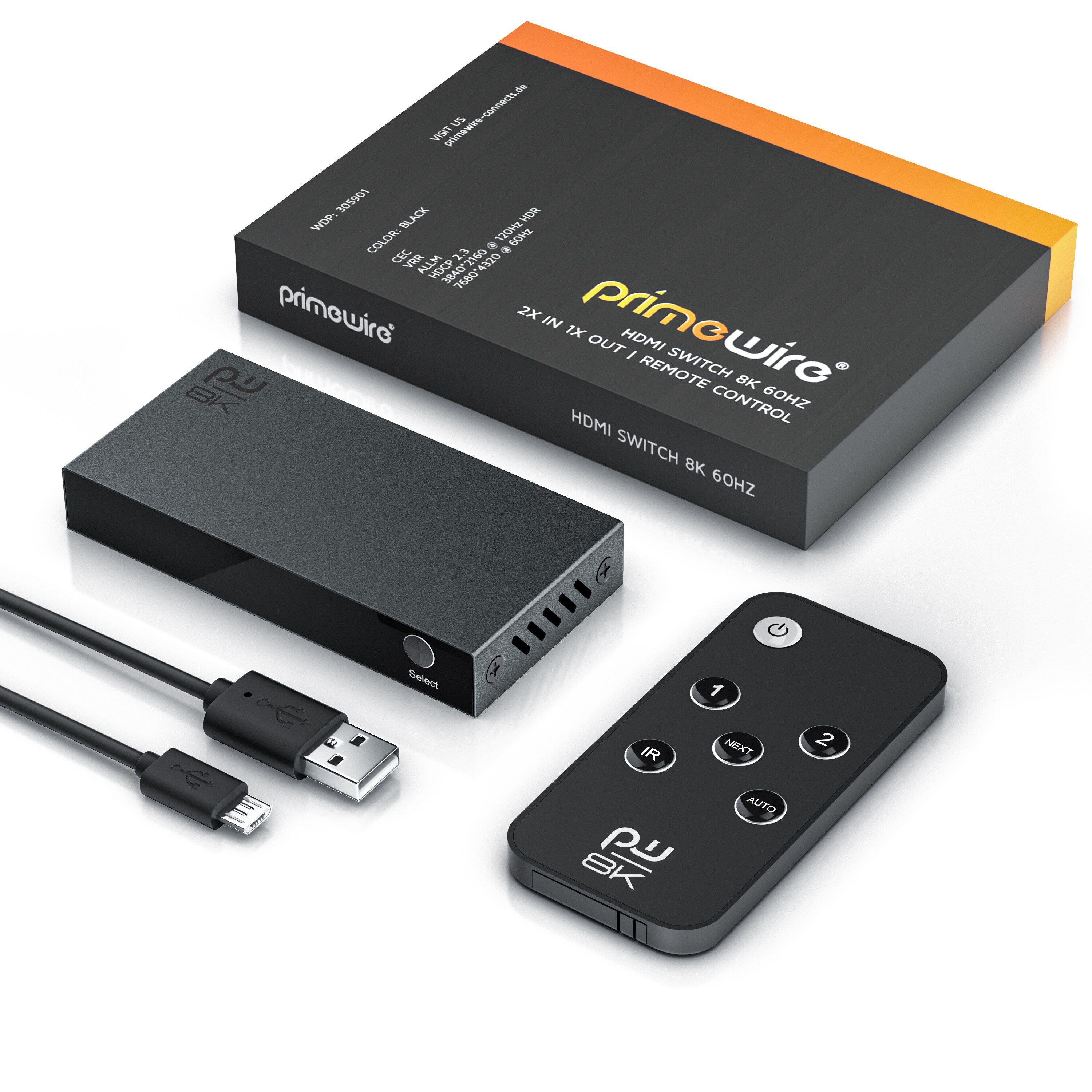 Primewire 8k HDMI Switch 2.1a, 2X Input HDMI Buchse, 1x Output, Verteiler, 7680 x 4320 UHD II (4320p) 60 Hz, HDR, 3D, CEC, HDCP 2.3, VRR, QFT, ALLM