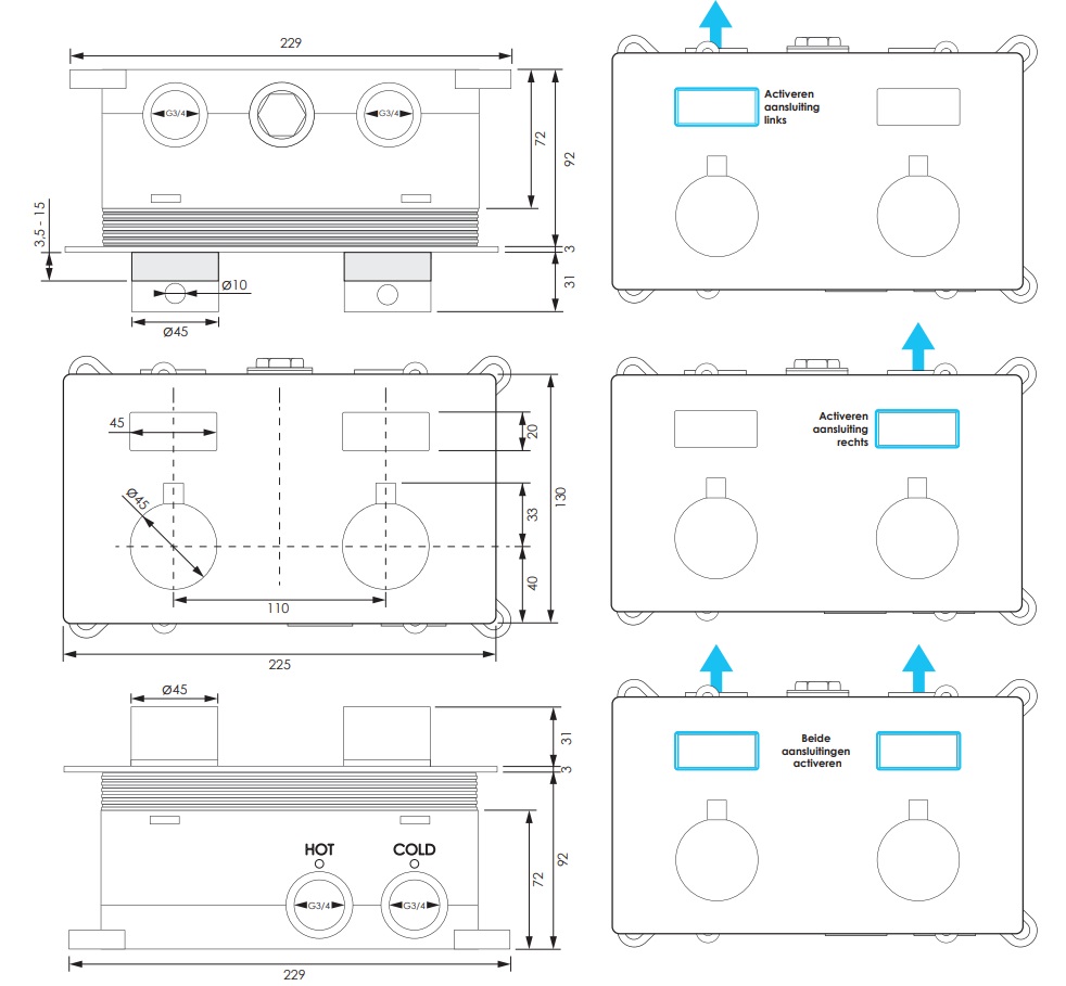 Brauer Brushed Edition thermostatische inbouw badkraan met badvulcombinatie en 3 standen handdouche set 4 RVS geborsteld PVD