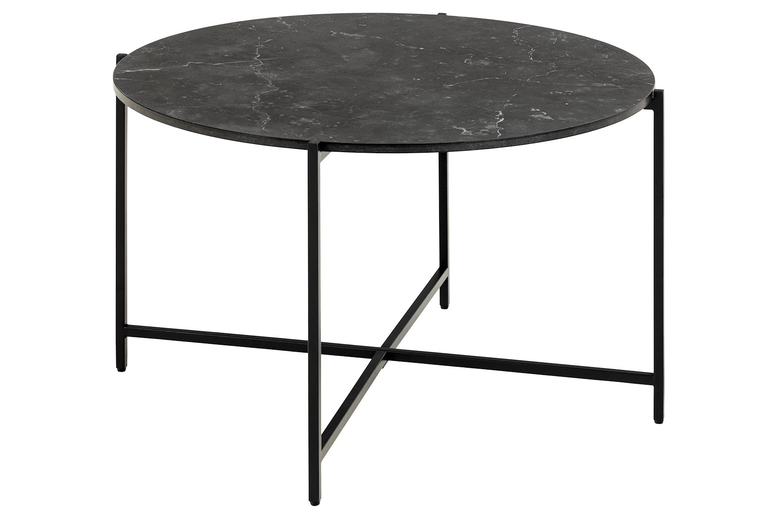 Lamoine sofabord Matt svart marmorplate med matt svart pulverlakkert stålunderstell. Ø70 cm.