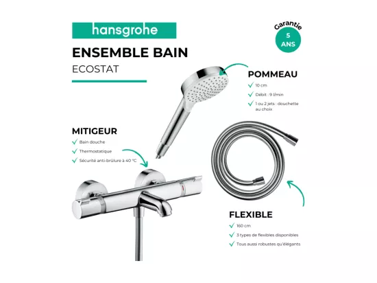 Pack mitigeur bain thermostatique HANSGROHE Ecostat Comfort + Flexible Designflex 1,6m + Pommeau Vernis Blend EcoSmart chromé